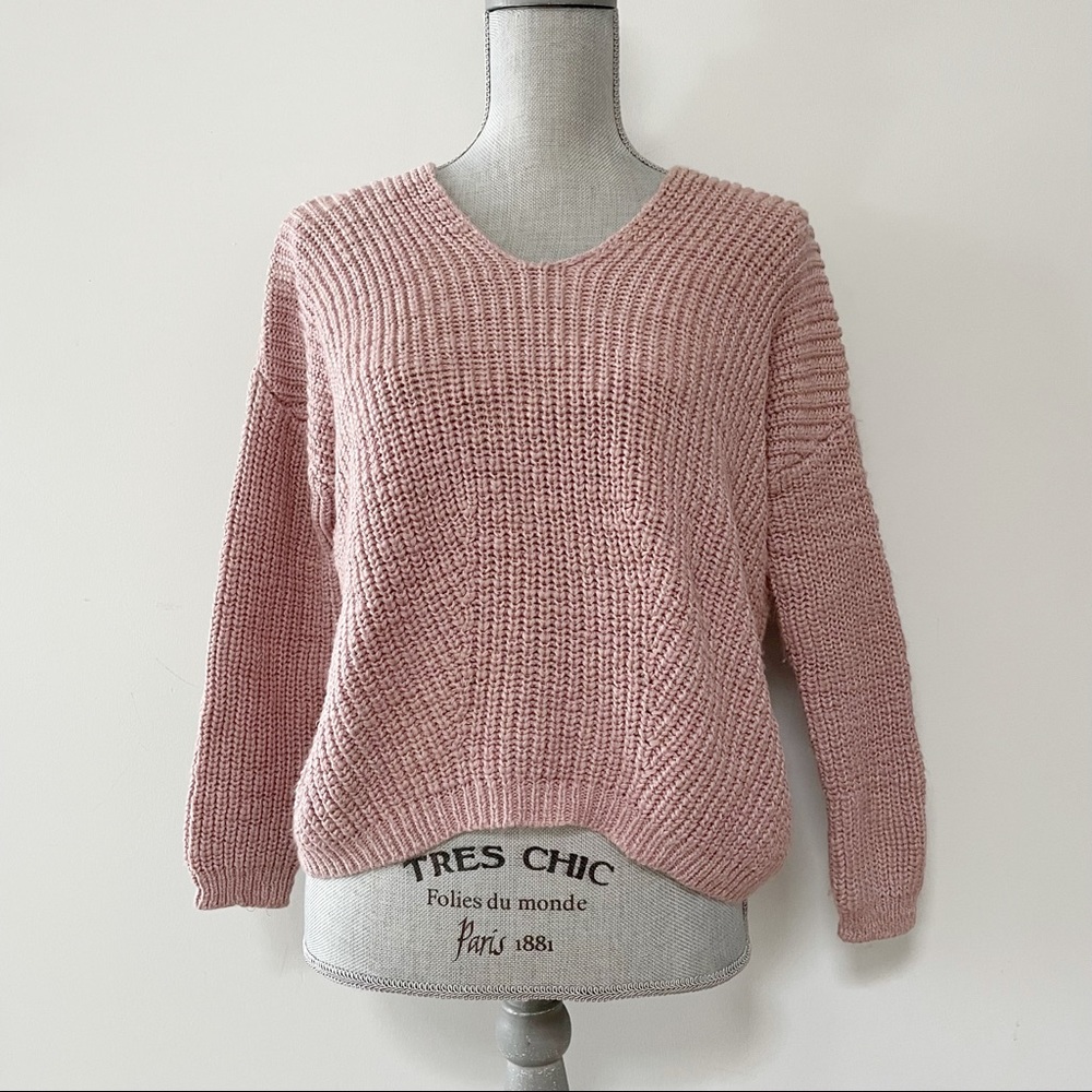 Another Story sweater pink knit cropped oversized with back slit loose knit